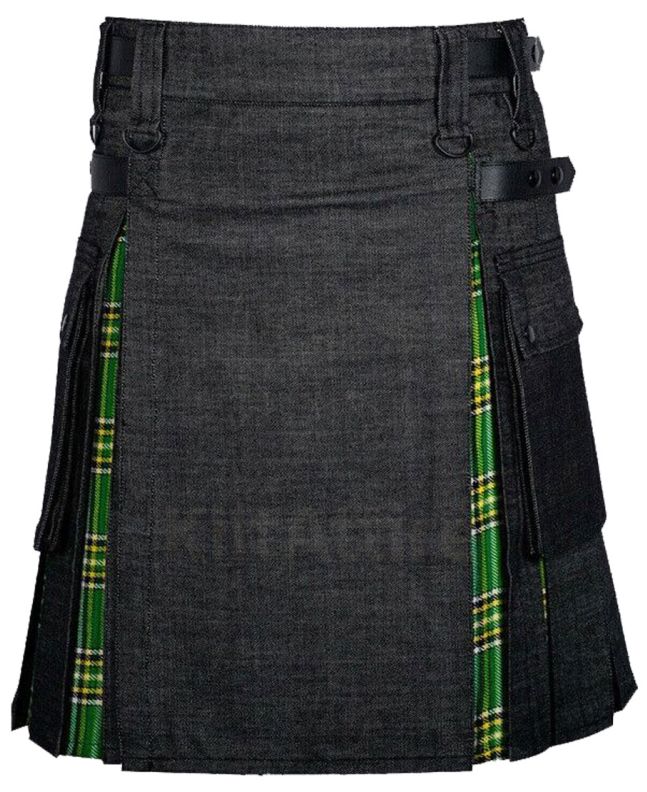 Black Denim Irish Tartan Scottish Utility Cargo Hybrid Kilt 