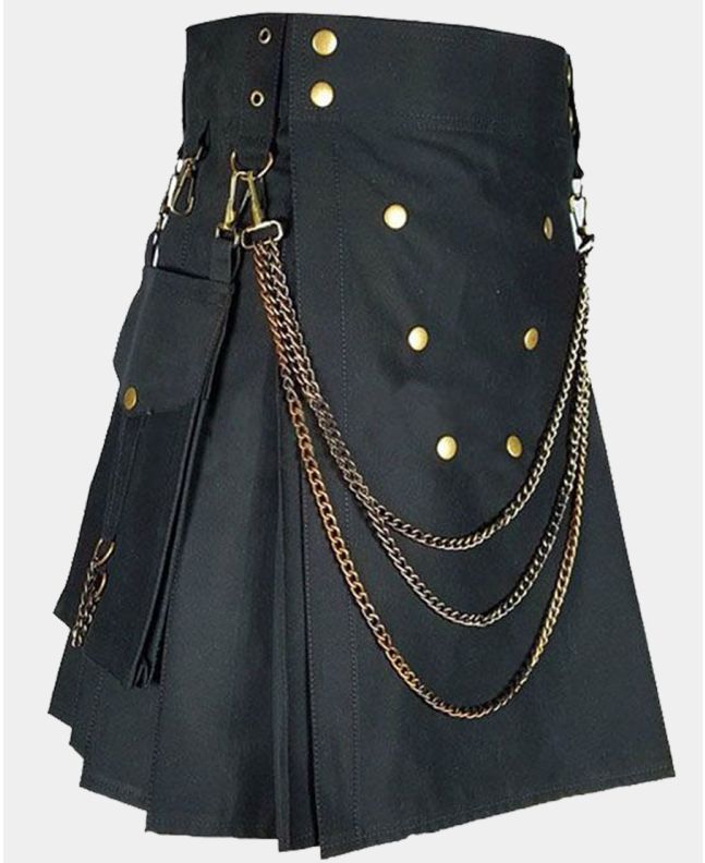 Black Fashion Utility Kilt With Silver Chain