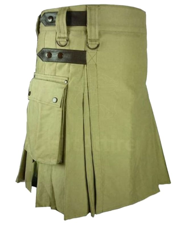 Cotton Olive Green Utility Kilt with Leather Straps Side