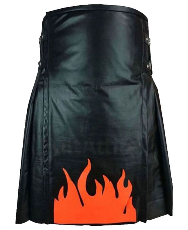 Genuine Fire Flame Black Leather Kilt