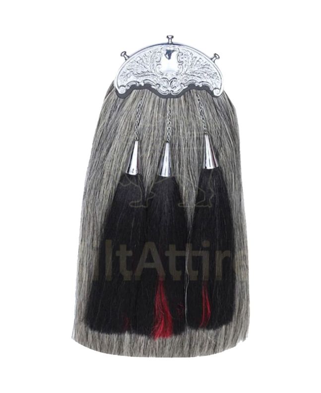 Grey Horse Hair Sporran with Black Red Tassels 