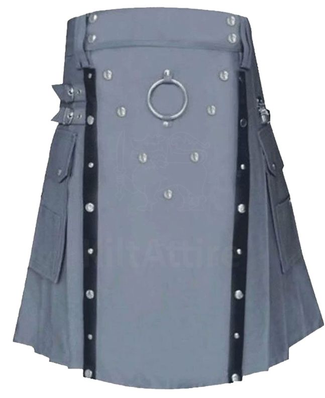 Grey Utility Kilt with Leather Straps 