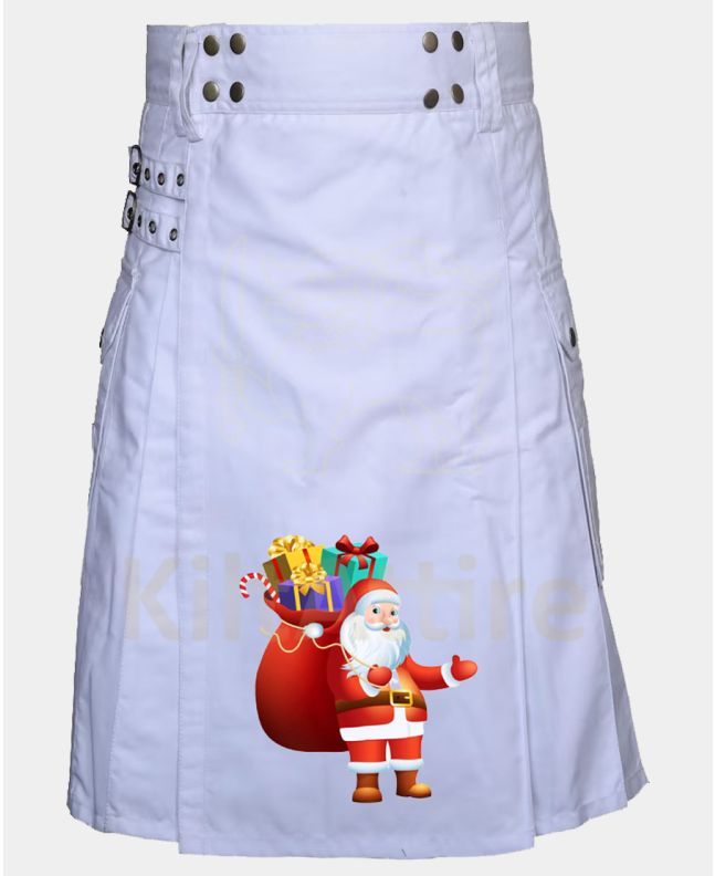 Men's White Santa Gifting Christmas Utility Kilt