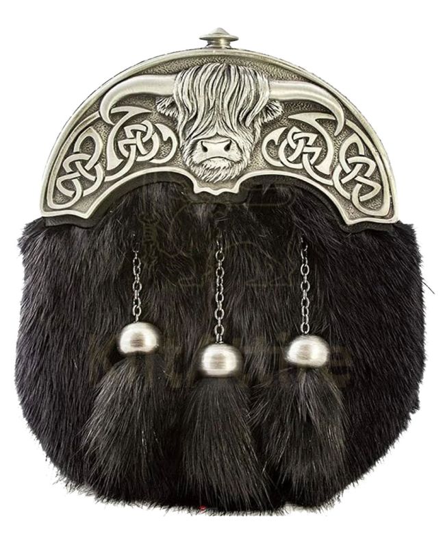 Silver Chrome Bull Head Rabbit Fur Sporran