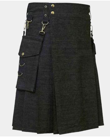 Black Denim Utility Kilt With Detectable Pocket