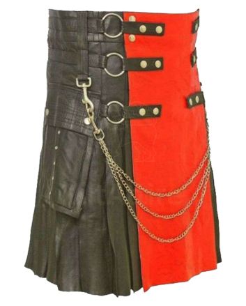 Black Fashion Leather Kilt With Red Apron