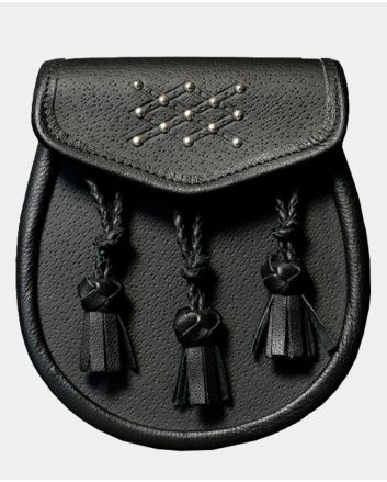 Black Studded Leather Day Sporran With Braided Tassel