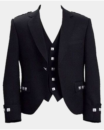 Black Wool Tweed Argyle Jacket and Vest For Men