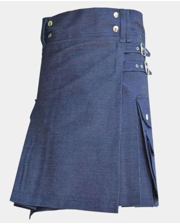 Blue Women Denim Utility Kilt Style With Cargo Pockets