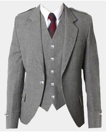 Grey Wool Tweed Argyle Kilt Jacket and Vest