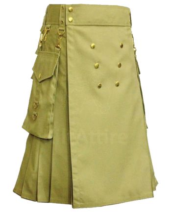 Khaki Utility Kilt With Gold Button