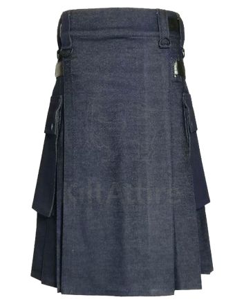 Men Blue Denim Utility Cargo Pockets Kilt
