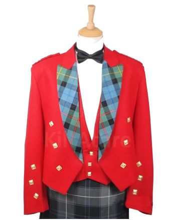 Red Prince Charlie Jacket & 3 Button Waistcoat Set With Tartan Lapel