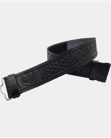 Thistle Embossed Black Leather Kilt Belt