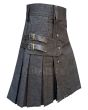 Black Denim Leather Strip Kilt for Men 