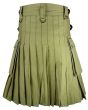 Cotton Olive Green Utility Kilt with Leather Straps Back