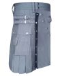Grey Utility Kilt with Leather Straps Side